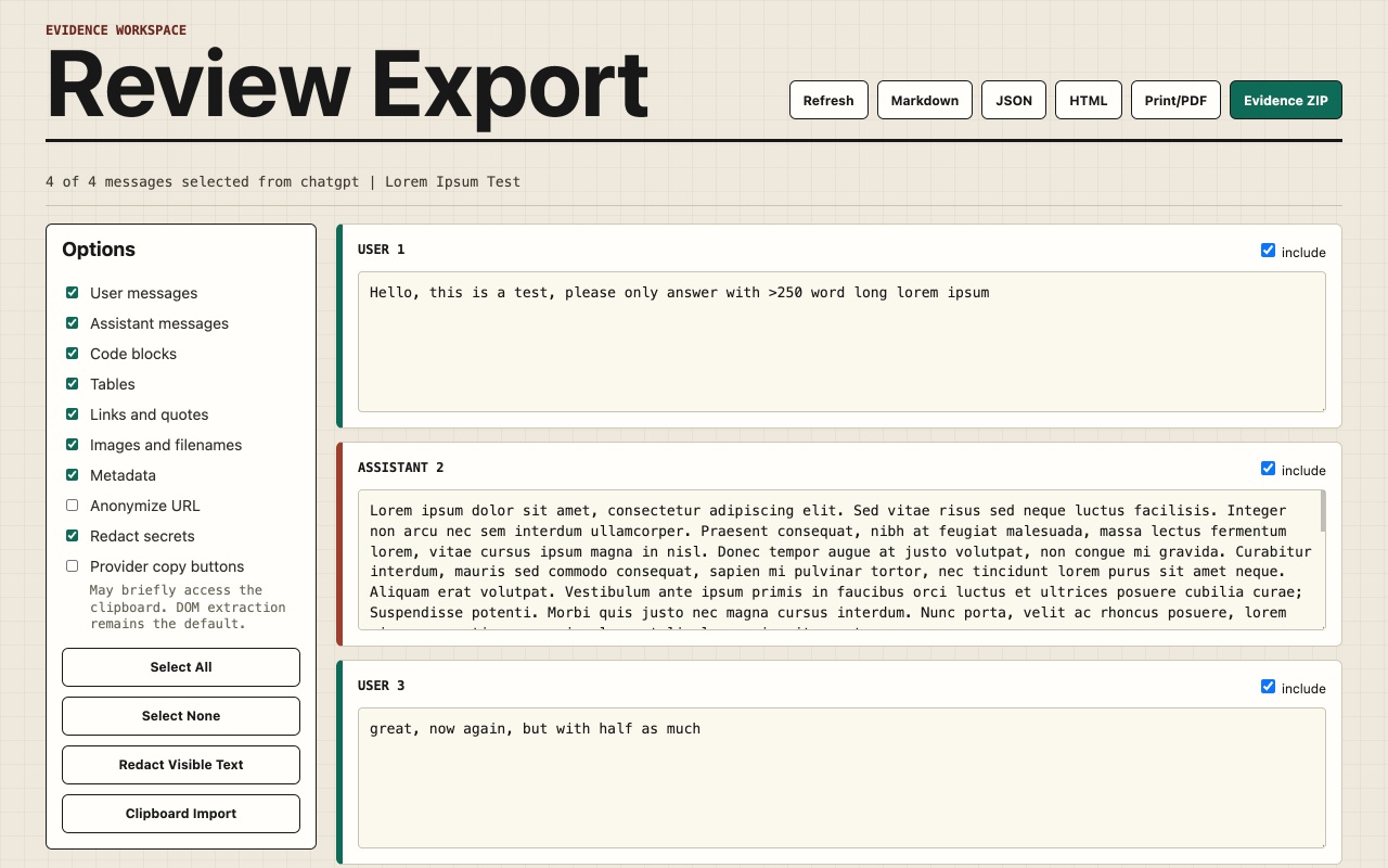 Review-Ansicht mit Export-Optionen