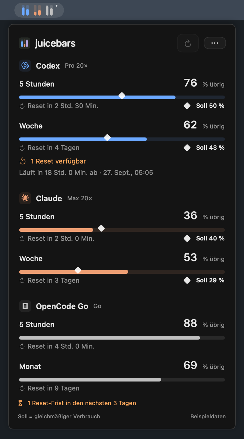 Juicebars farbige Limitlinien in der Menüleiste und das geöffnete Popover mit Codex, Claude und OpenCode Go