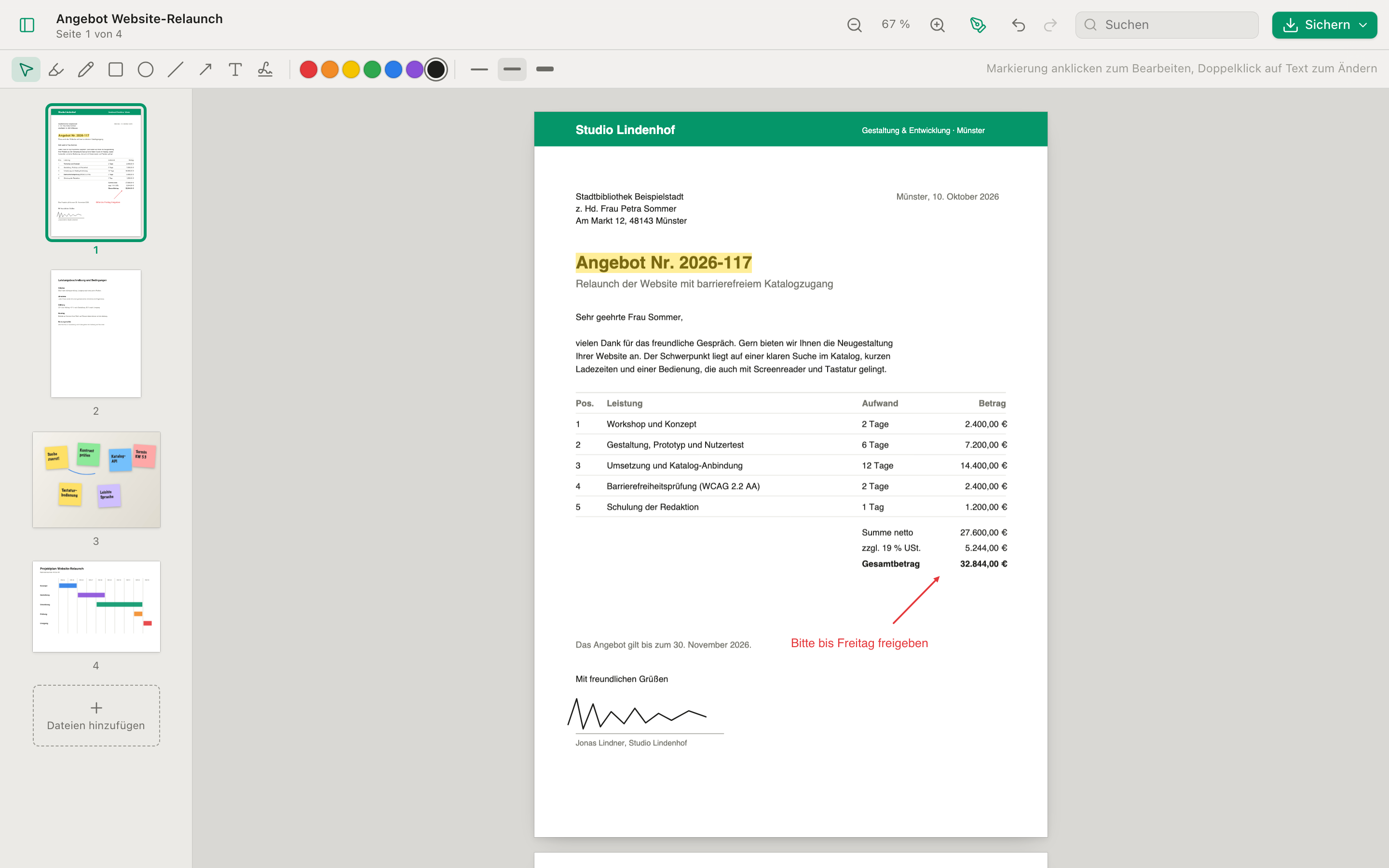 PDF Preview mit einem markierten Angebot, Seitenleiste mit Miniaturen und Markierungswerkzeugen